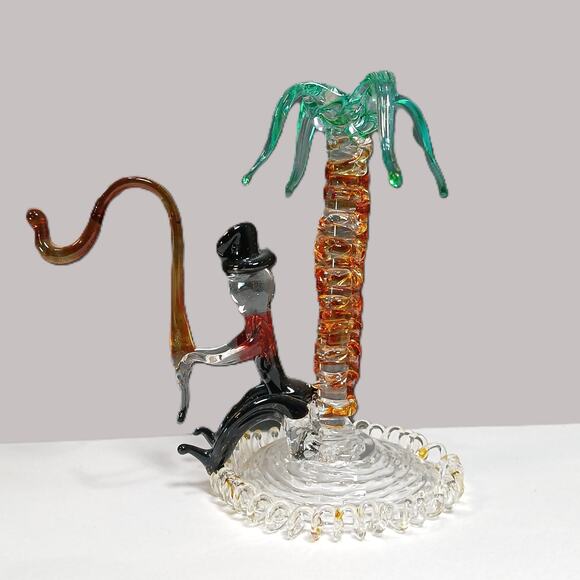 Hand Blown Spun Art Glass Man Fishing Under Palm Tree Figurine - Picture 2 of 11